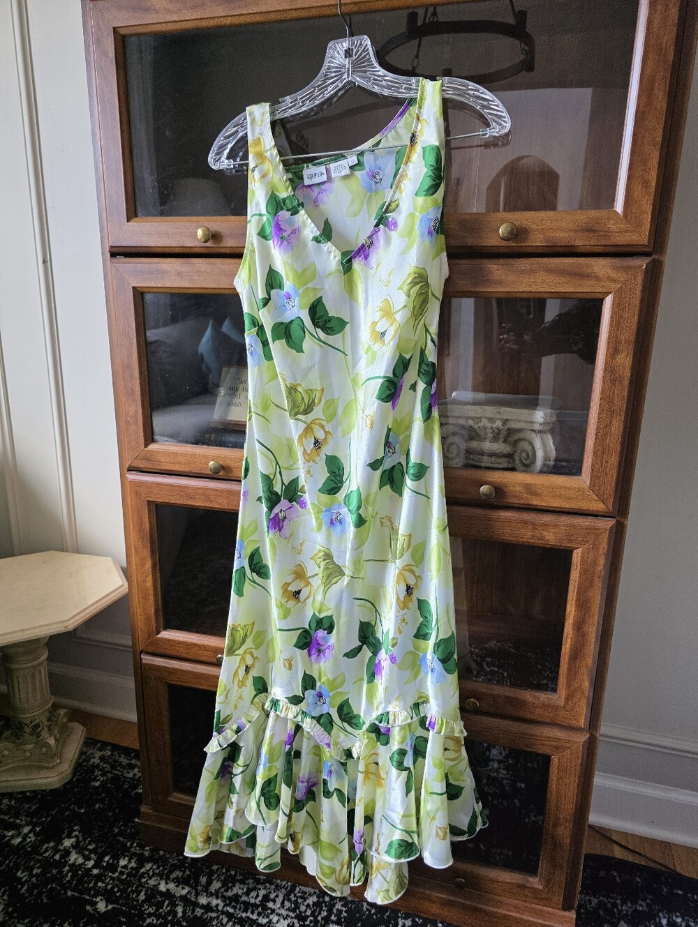 Vtg Satin Floral Midi Dress V Neck Sleeveless Ruffled Hem Sz 12 Whimsical Fairy